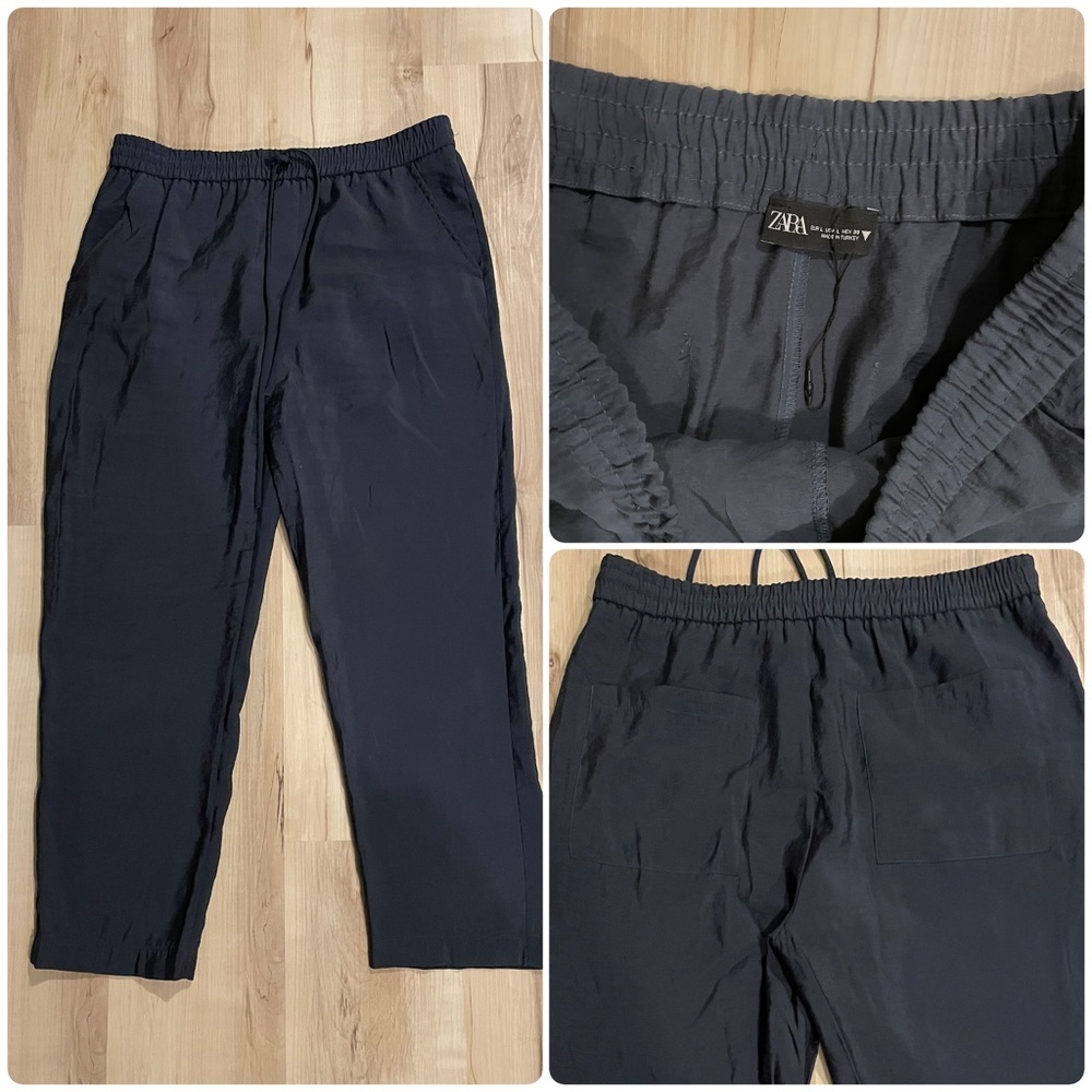 New Zara Pull On Relaxed Crop Pant Size Large Blue Modal Blend Lightweight